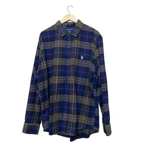 US Polo Assn Mens 2XL Plaid Flannel Shirt Blue Green Long Sleeve Button Up